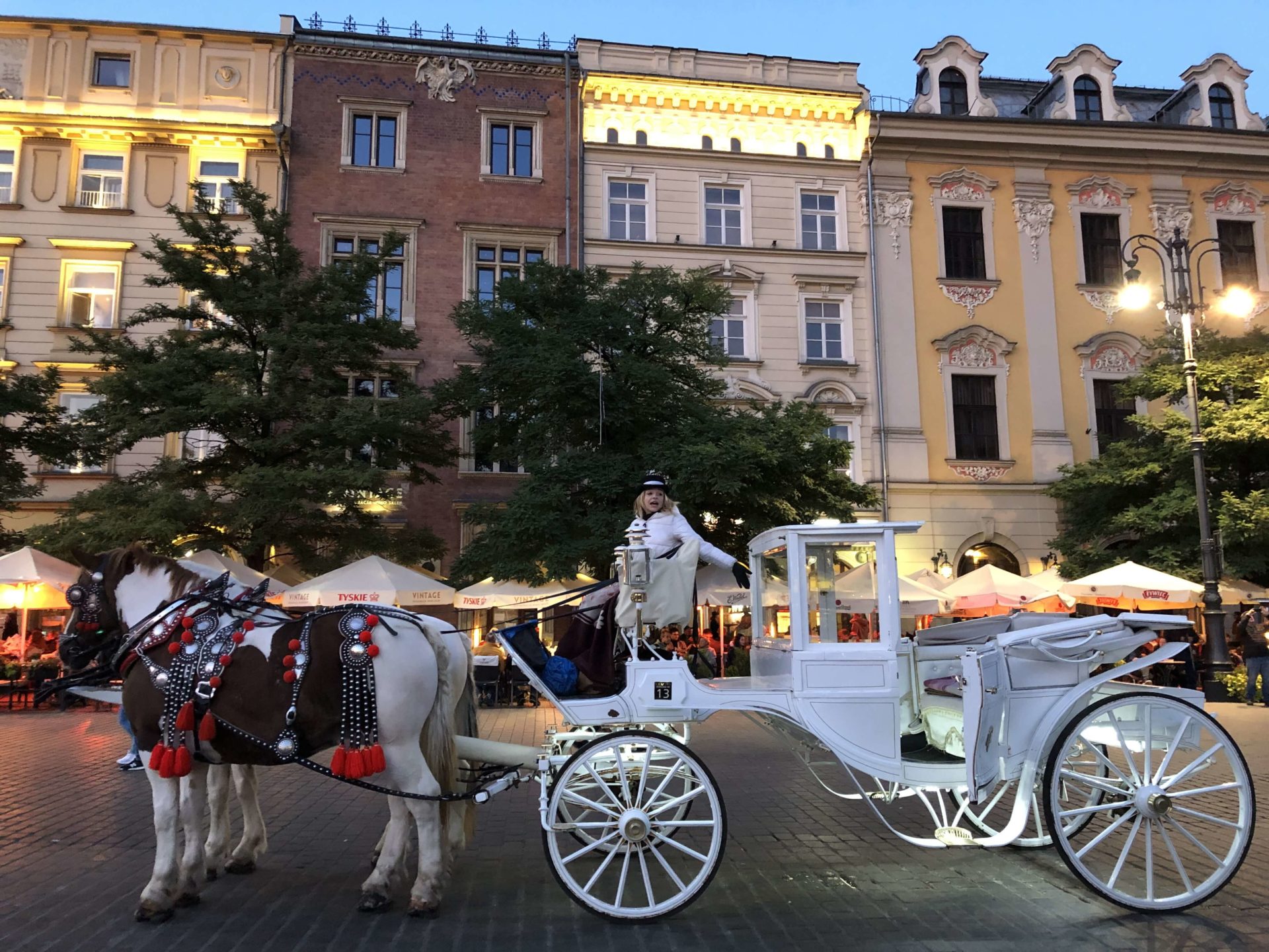 クラクフ旧市街の広場でお客を待つ白い馬車