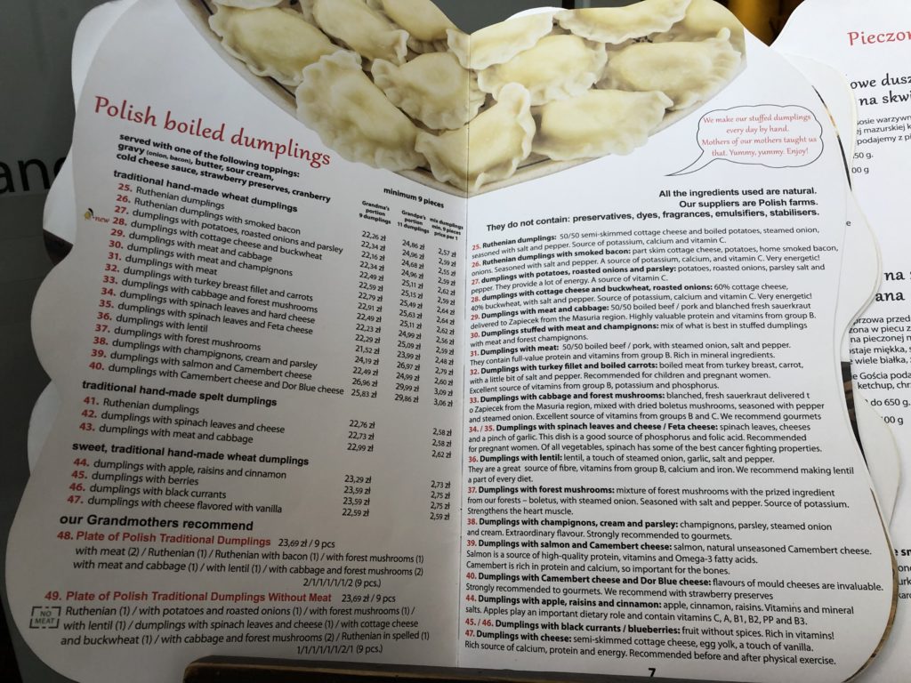 ポーランドレストラン、Zapiecek（ザピエツェク）のピエロギのメニュー