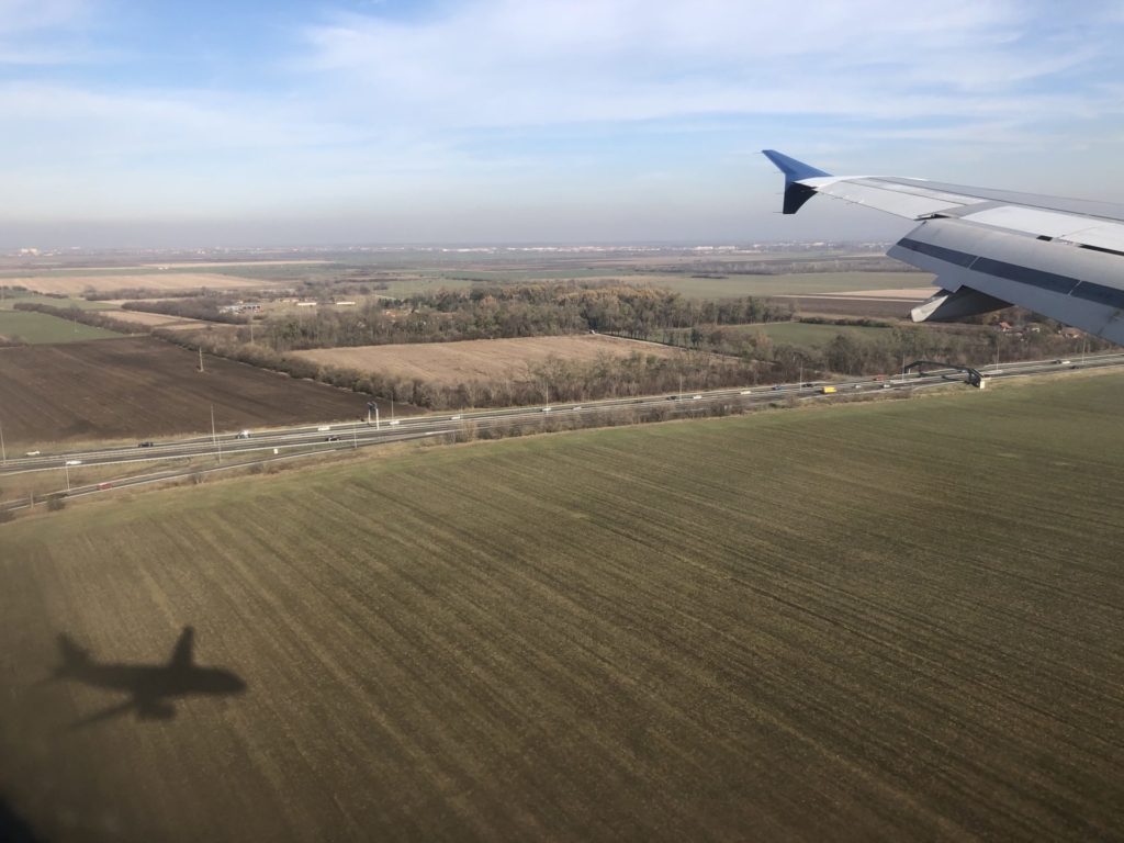 畑に写る飛行機の影